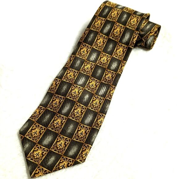 Men's Vintage 100% Silk Tie Made in Italy - Checkerboard Crest Motif - Picture 4 of 16